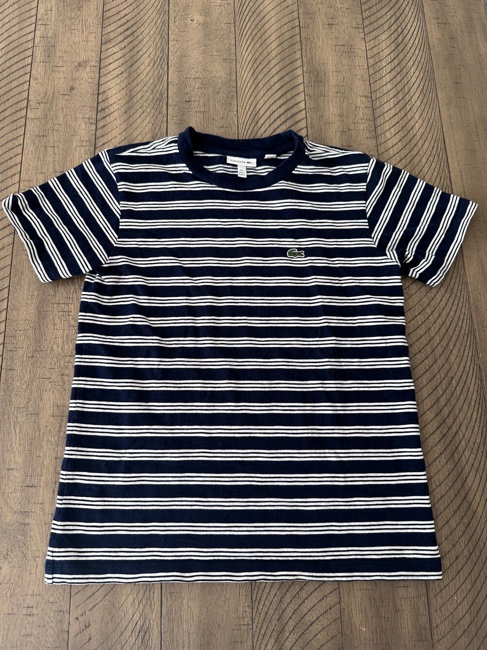 Lacoste Men's Fit Striped T-Shirt Navy Blue White Crew Neck 100% Cotton Sz 12
